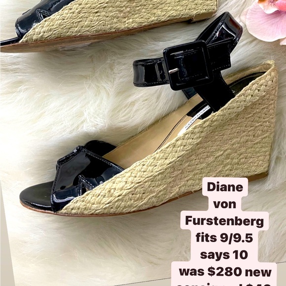 Diane von Furstenberg Leather. Espadrille - fits 9 9.5 wedge black patent buckle - Picture 1 of 5